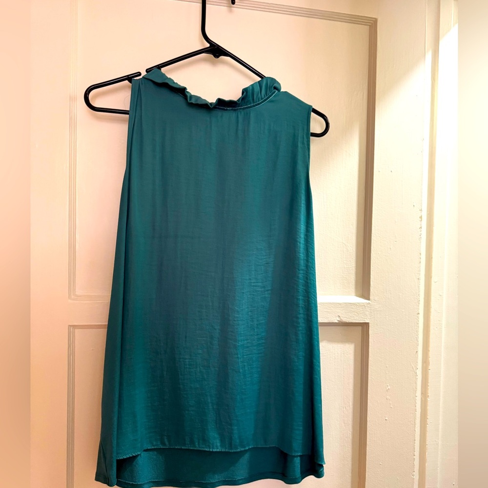 Teal Sleeveless Silky Ruffle Neck Top